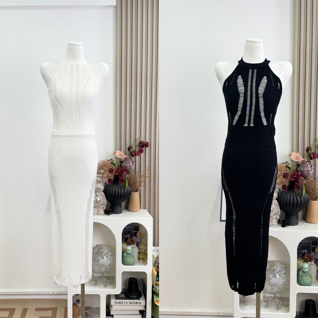 Sexy Cutout Knit Halter Top and High Waist Bodycon Skirt Two Piece Set