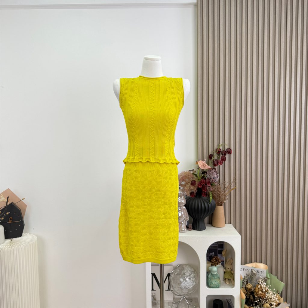Mustard Yellow Knit Vest and Skirt Set for Women