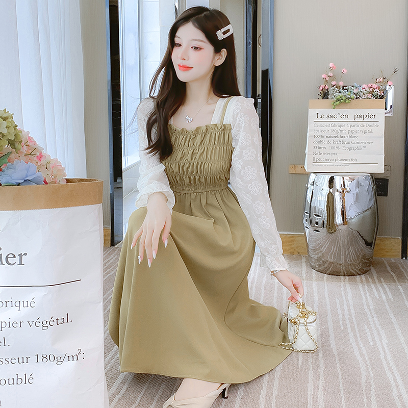2024 Autumn Embroidered Sweet Lady Midi Dress Square Neck Long Sleeve