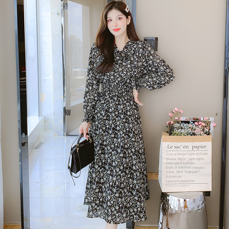 2024 Autumn Korean Style Loose Lady Chiffon Ruffle Dress Plant Floral Long Sleeve