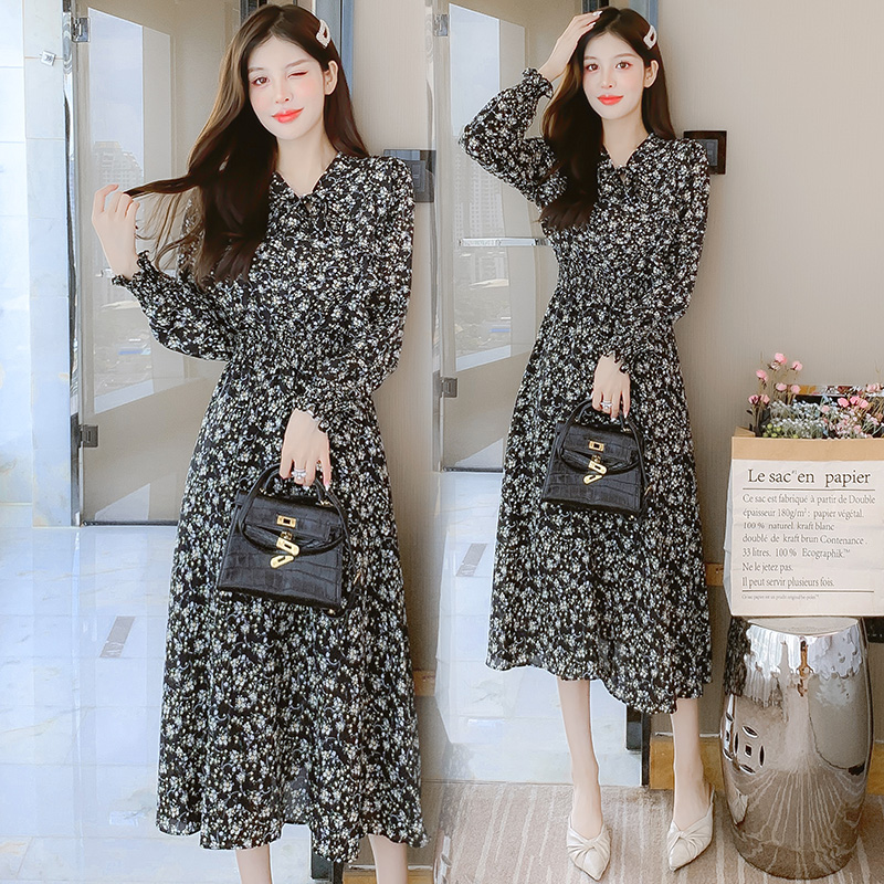 2024 Autumn Korean Style Loose Lady Chiffon Ruffle Dress Plant Floral Long Sleeve - Image 2