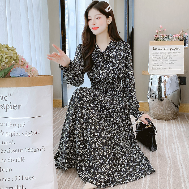 2024 Autumn Korean Style Loose Lady Chiffon Ruffle Dress Plant Floral Long Sleeve - Image 3