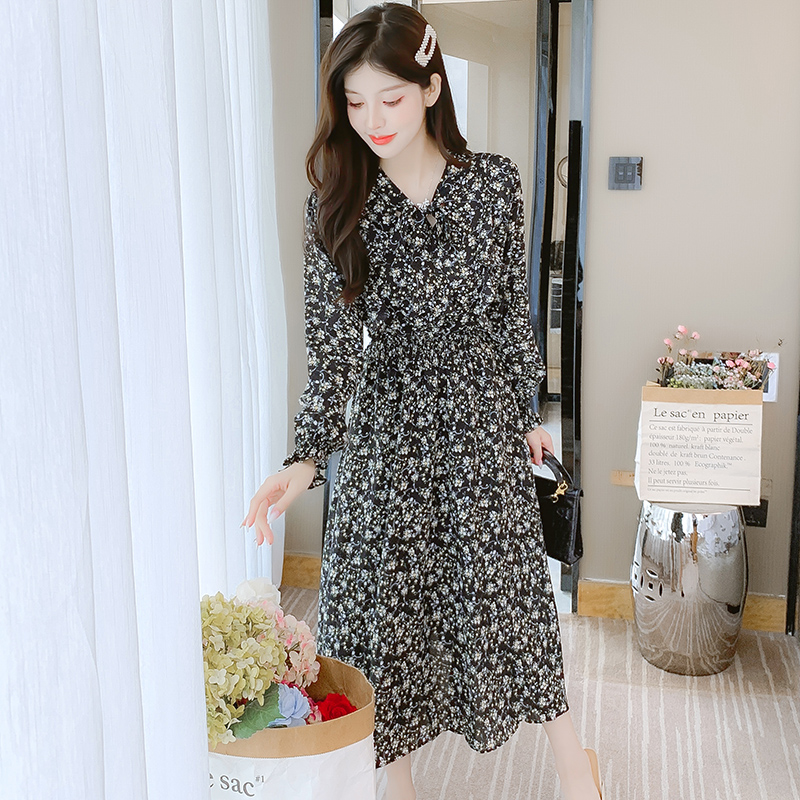 2024 Autumn Korean Style Loose Lady Chiffon Ruffle Dress Plant Floral Long Sleeve - Image 4