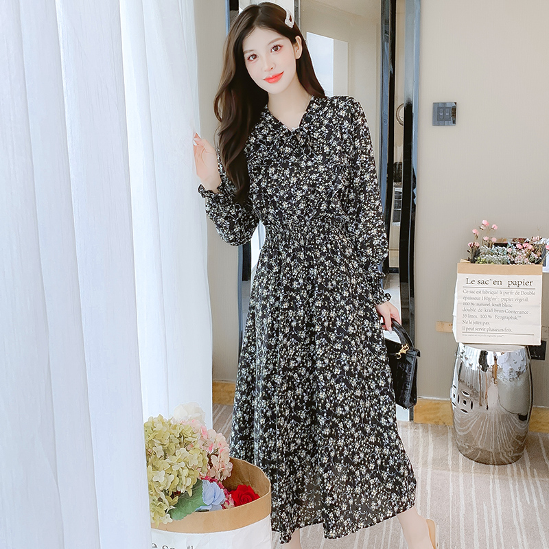 2024 Autumn Korean Style Loose Lady Chiffon Ruffle Dress Plant Floral Long Sleeve - Image 5