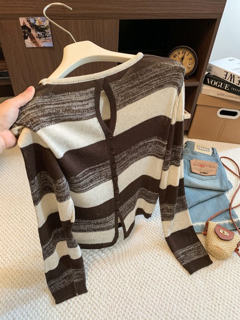 Coffee Striped Back Button Hollow Long Sleeve Knit Sweater Women Early Autumn Loose Lazy Slimming Versatile Top