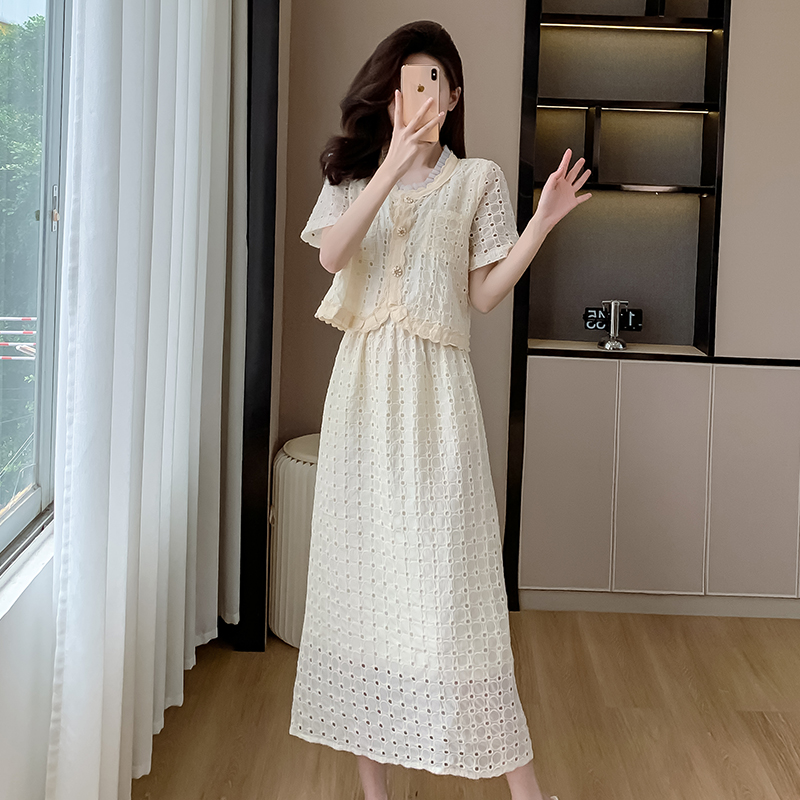 Embroidered Lace V-Neck Two-Piece Dress Set Korean Style French Elegant 2024 Summer