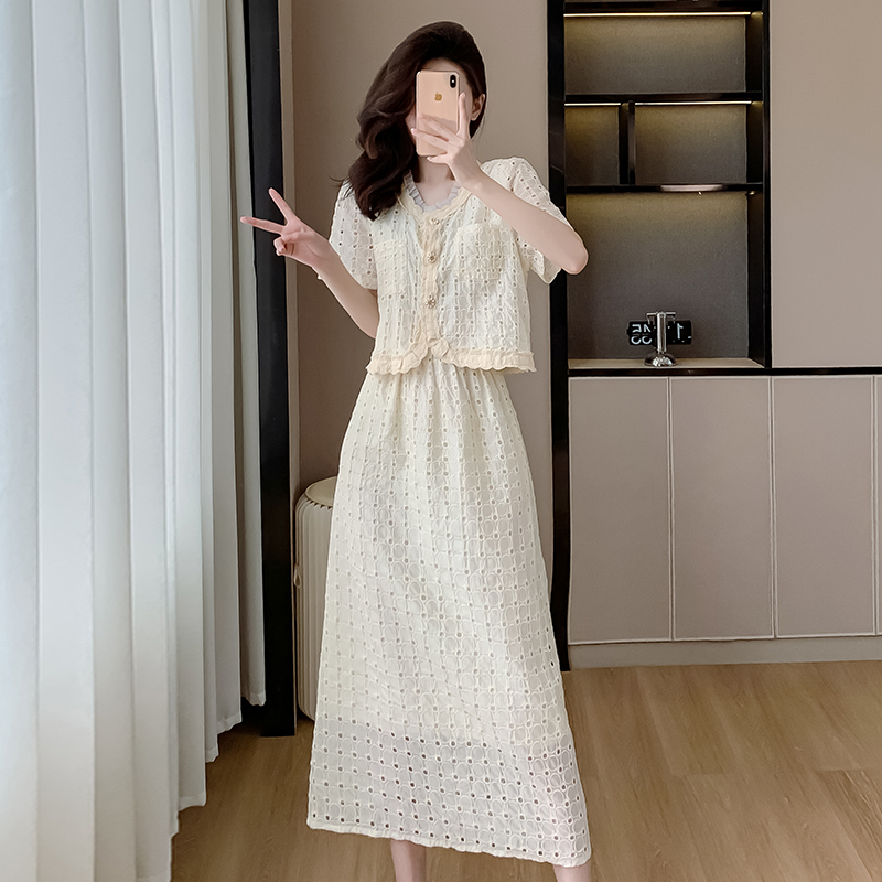 Embroidered Lace V-Neck Two-Piece Dress Set Korean Style French Elegant 2024 Summer - Image 3