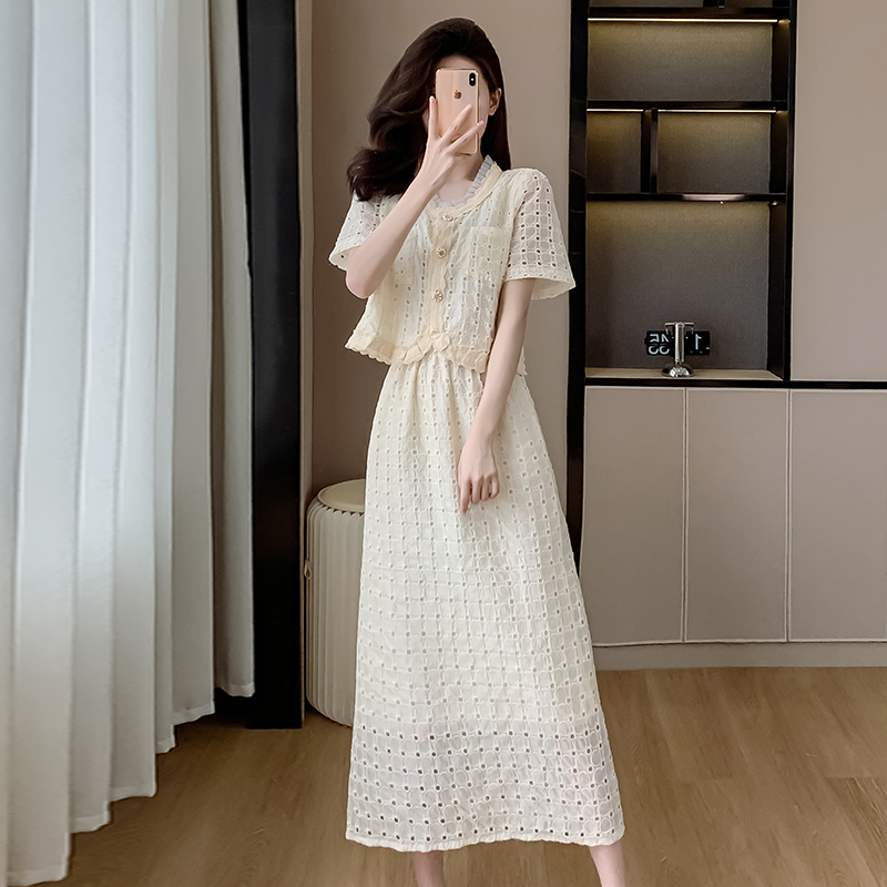 Embroidered Lace V-Neck Two-Piece Dress Set Korean Style French Elegant 2024 Summer - Image 4