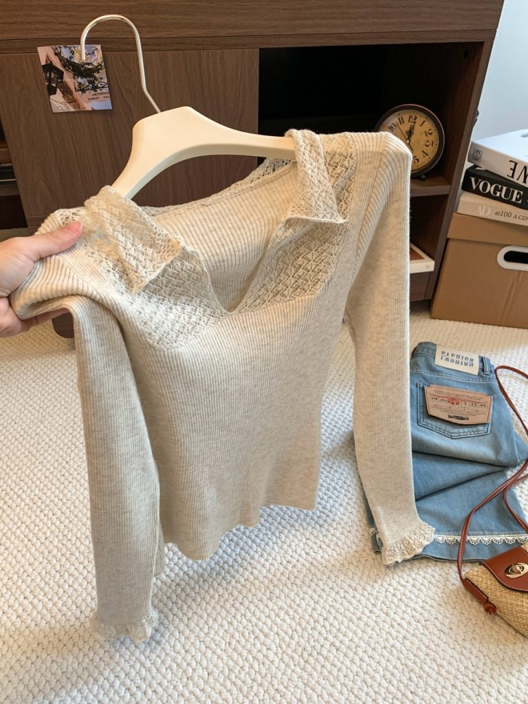 French Cutout Pullover Sweater with Collar Women's Fall Winter Slim Fit Knit Top