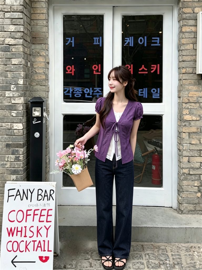 French Puff Sleeve V-Neck Purple Faux Two-Piece Shirt Blouse
