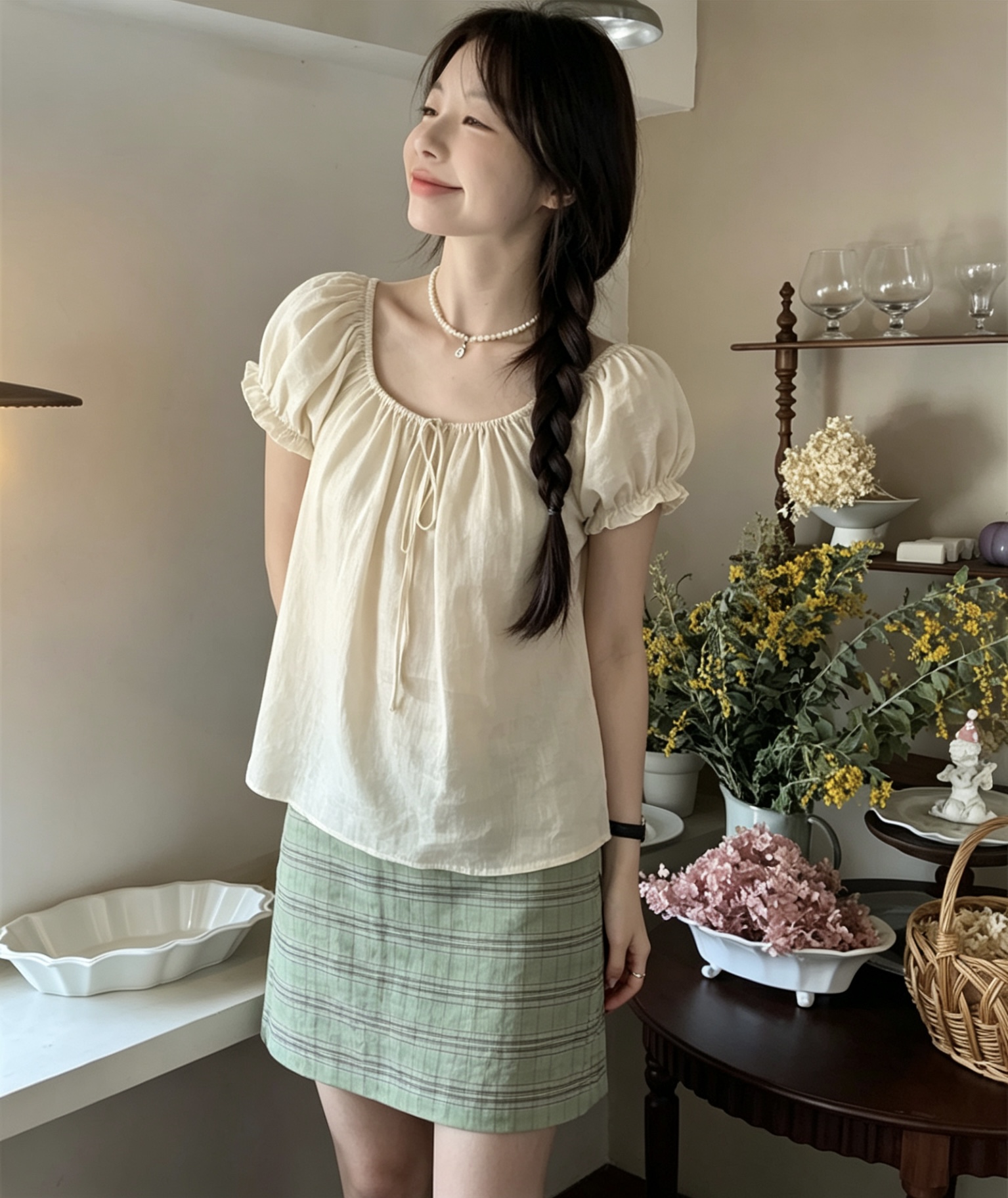 Gentle Style Square Neck Puff Sleeve Shirt and High Waist A-Line Skirt Set