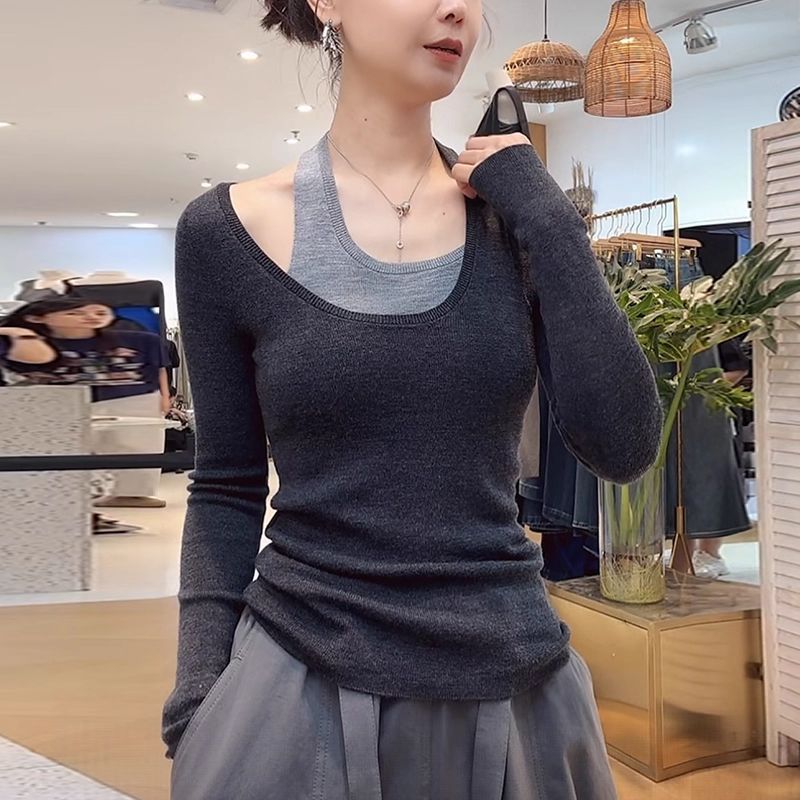 Korean Style Minimalist Halter Layered Top for Women Summer 2026 Slimming Versatile Pullover