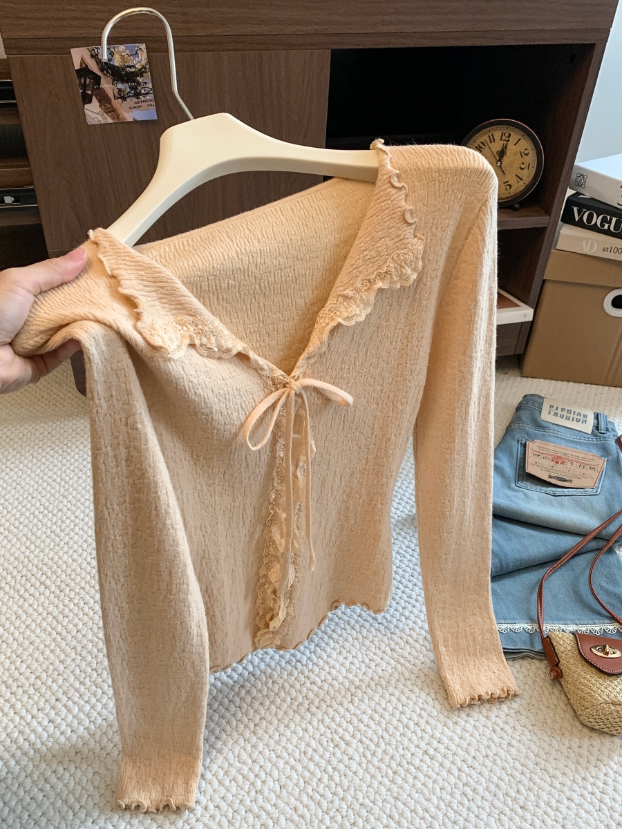 Korean Textured Collar Ruffle Knit Cardigan Women Fall 2026 New Design Niche Age-Reducing Top - Image 2