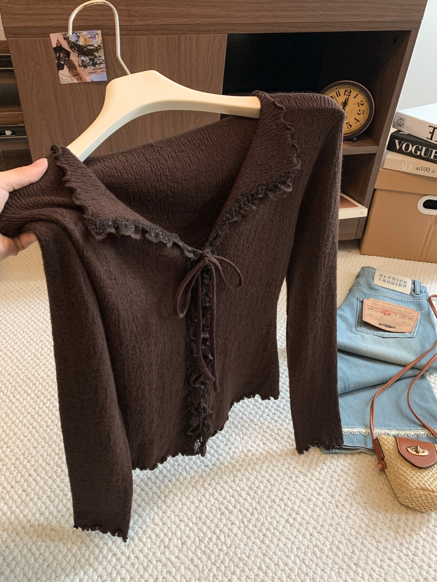 Korean Textured Collar Ruffle Knit Cardigan Women Fall 2026 New Design Niche Age-Reducing Top - Image 3