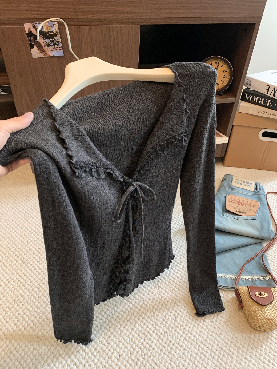 Korean Textured Collar Ruffle Knit Cardigan Women Fall 2026 New Design Niche Age-Reducing Top - Image 4