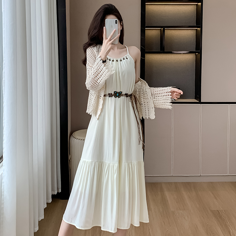 Retro Salt Style Two-Piece Dress Set with Cape and Belt