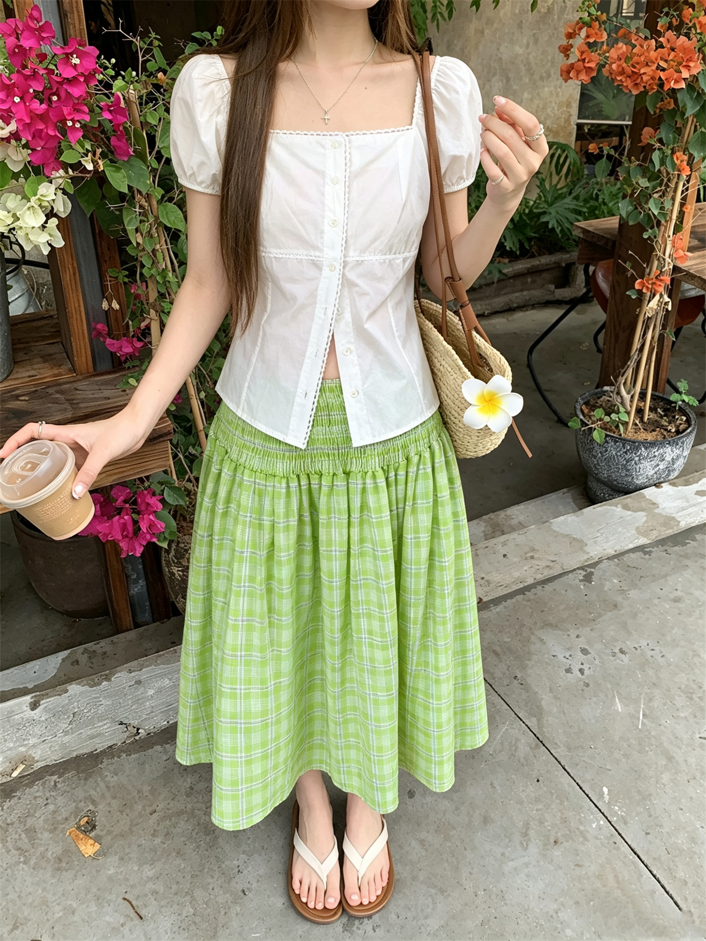 Sweet Puff Sleeve Square Neck Lace Trim Shirt and High Waist Plaid A-Line Skirt Set - Image 3