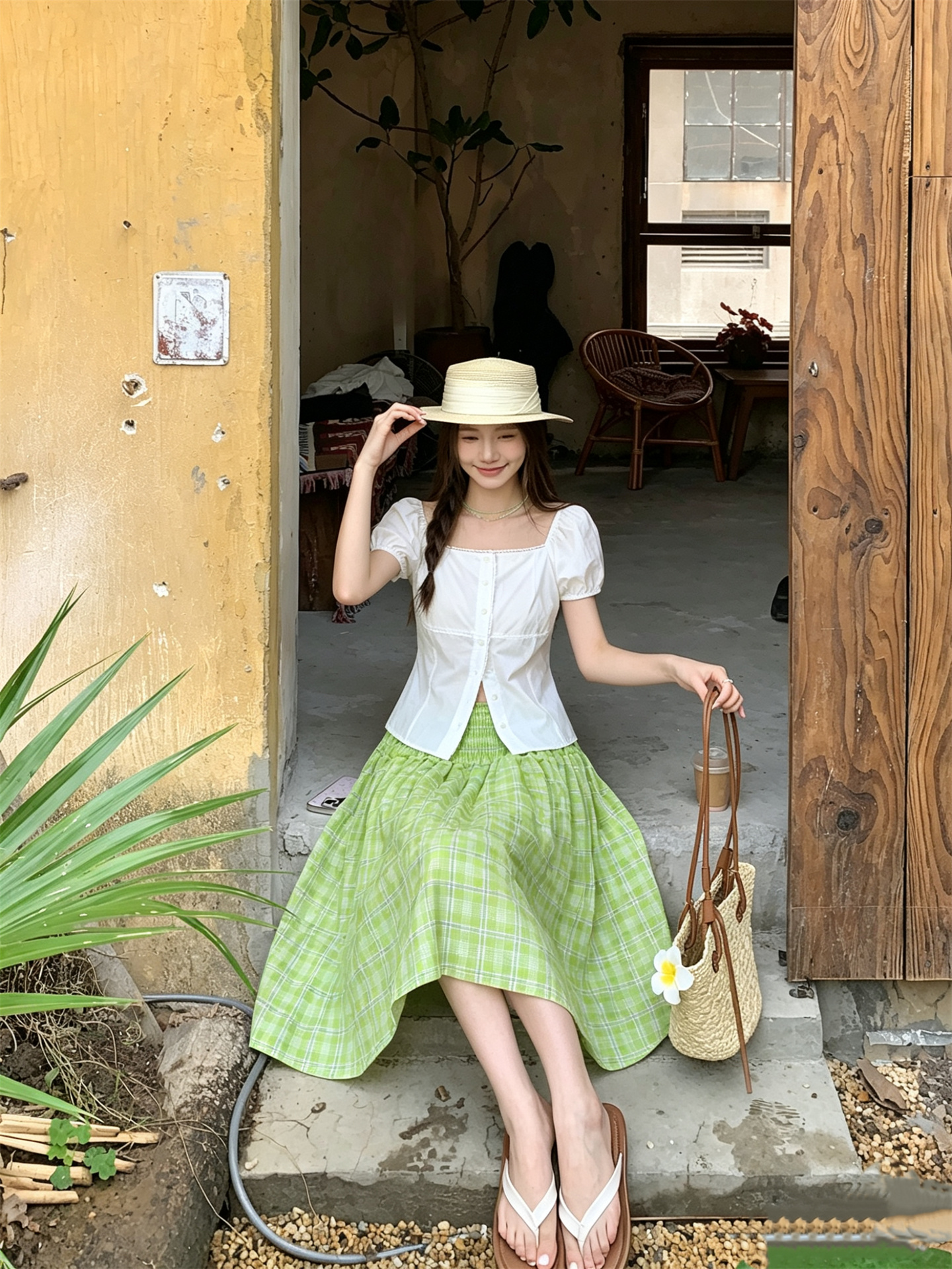 Sweet Puff Sleeve Square Neck Lace Trim Shirt and High Waist Plaid A-Line Skirt Set - Image 4