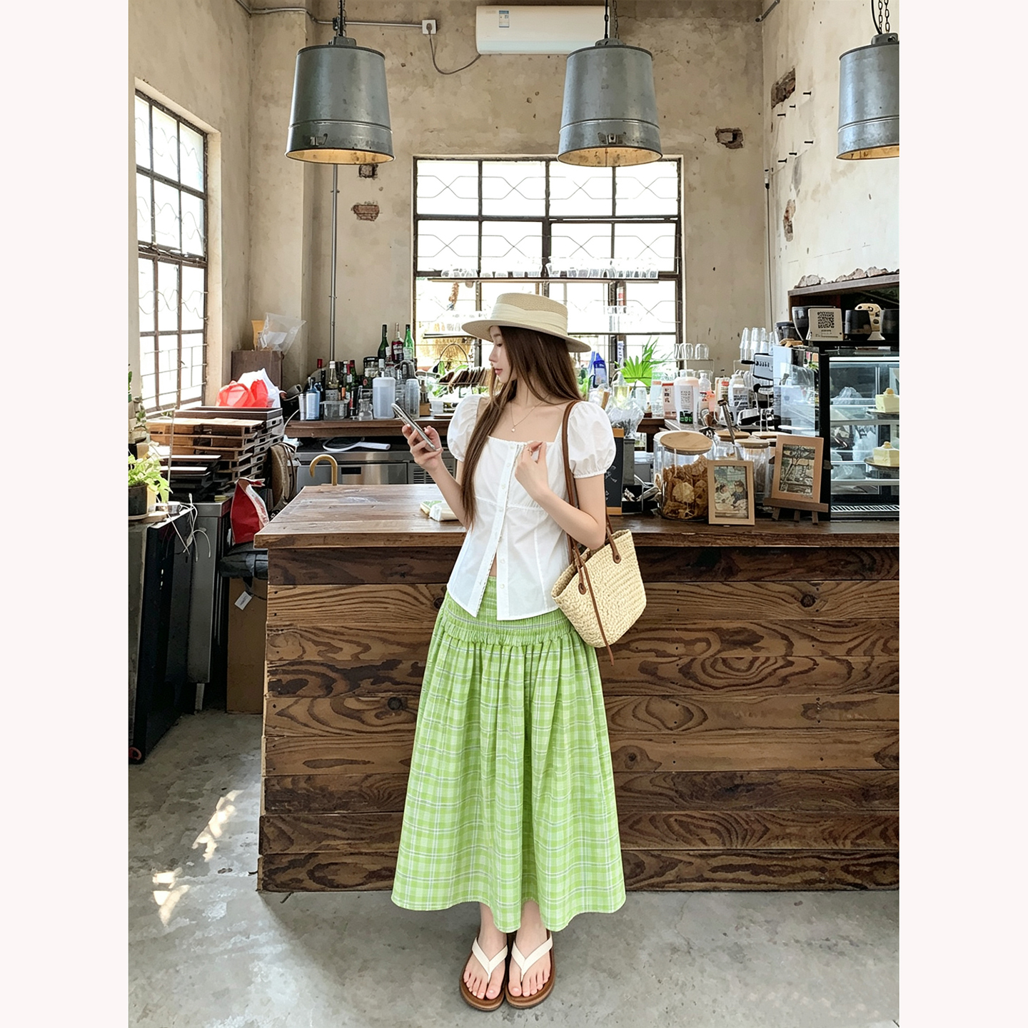 Sweet Puff Sleeve Square Neck Lace Trim Shirt and High Waist Plaid A-Line Skirt Set - Image 5
