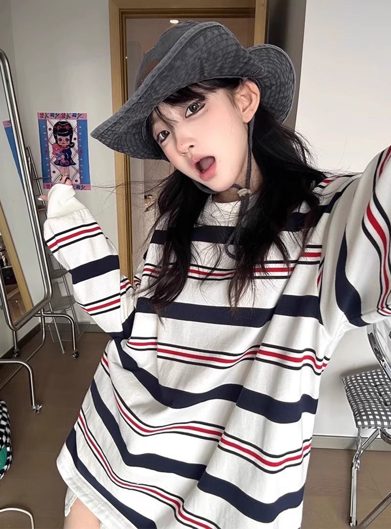 Women Striped Long Sleeve Round Neck Top 8651