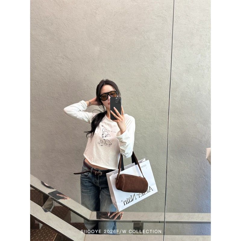 Women's Cream White Print Rolled Hem Long Sleeve T-Shirt - Image 3