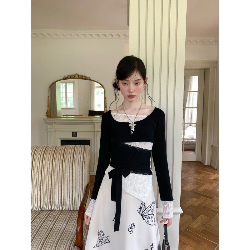 Women's Sheer Lace Patchwork Top with Adjustable Waist Summer 2026