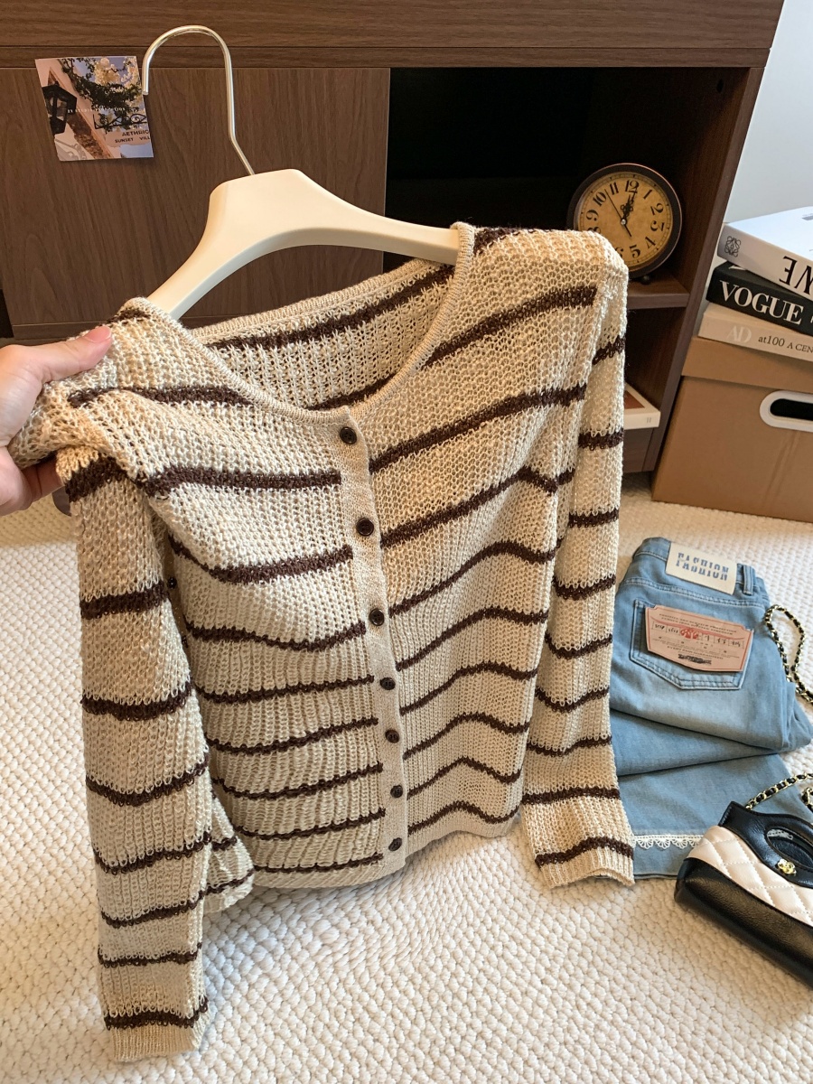 Women's Striped Knit Cardigan French Lazy Style Round Neck Button Layering Top 2026 Fall