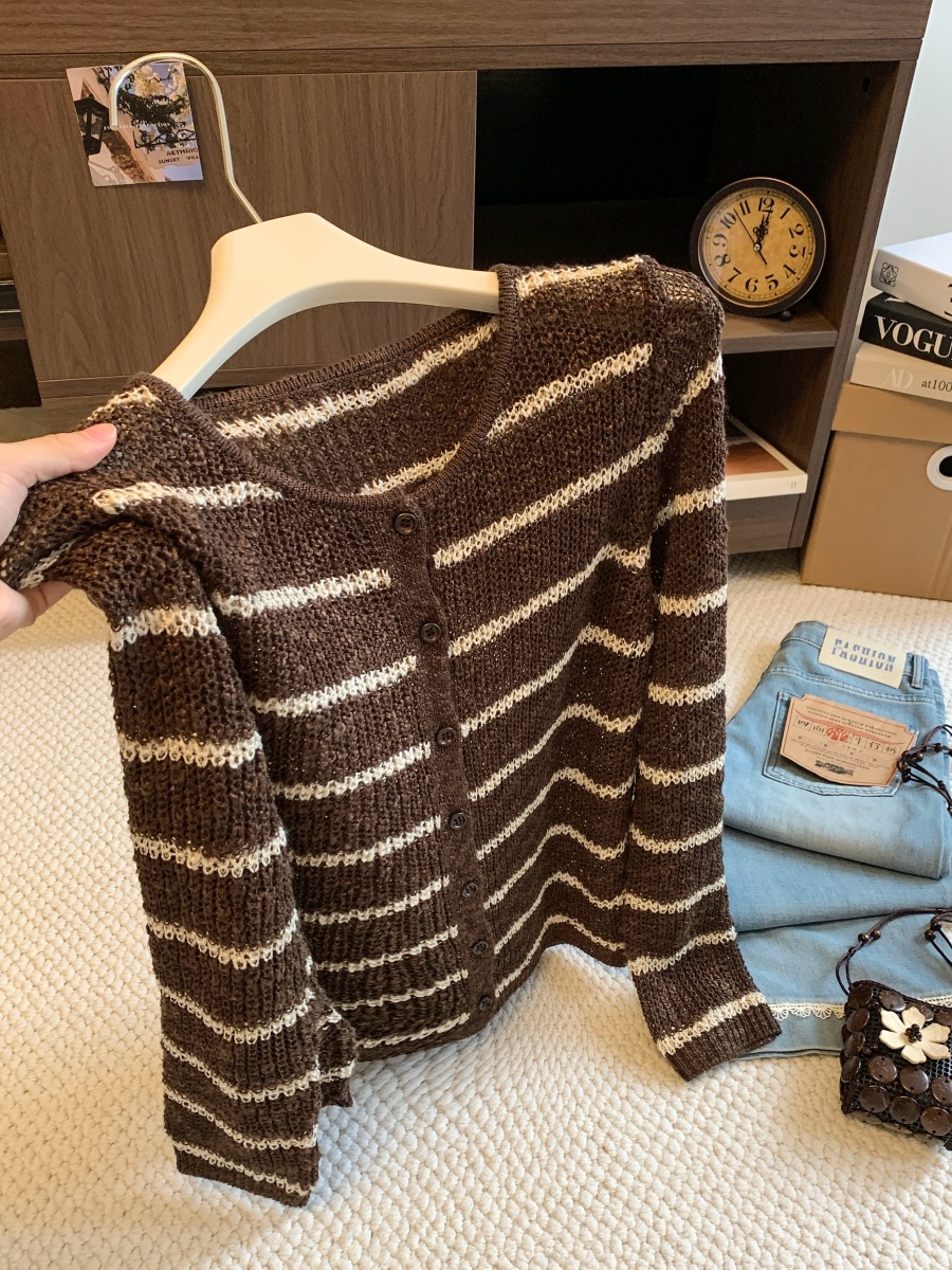Women's Striped Knit Cardigan French Lazy Style Round Neck Button Layering Top 2026 Fall - Image 3