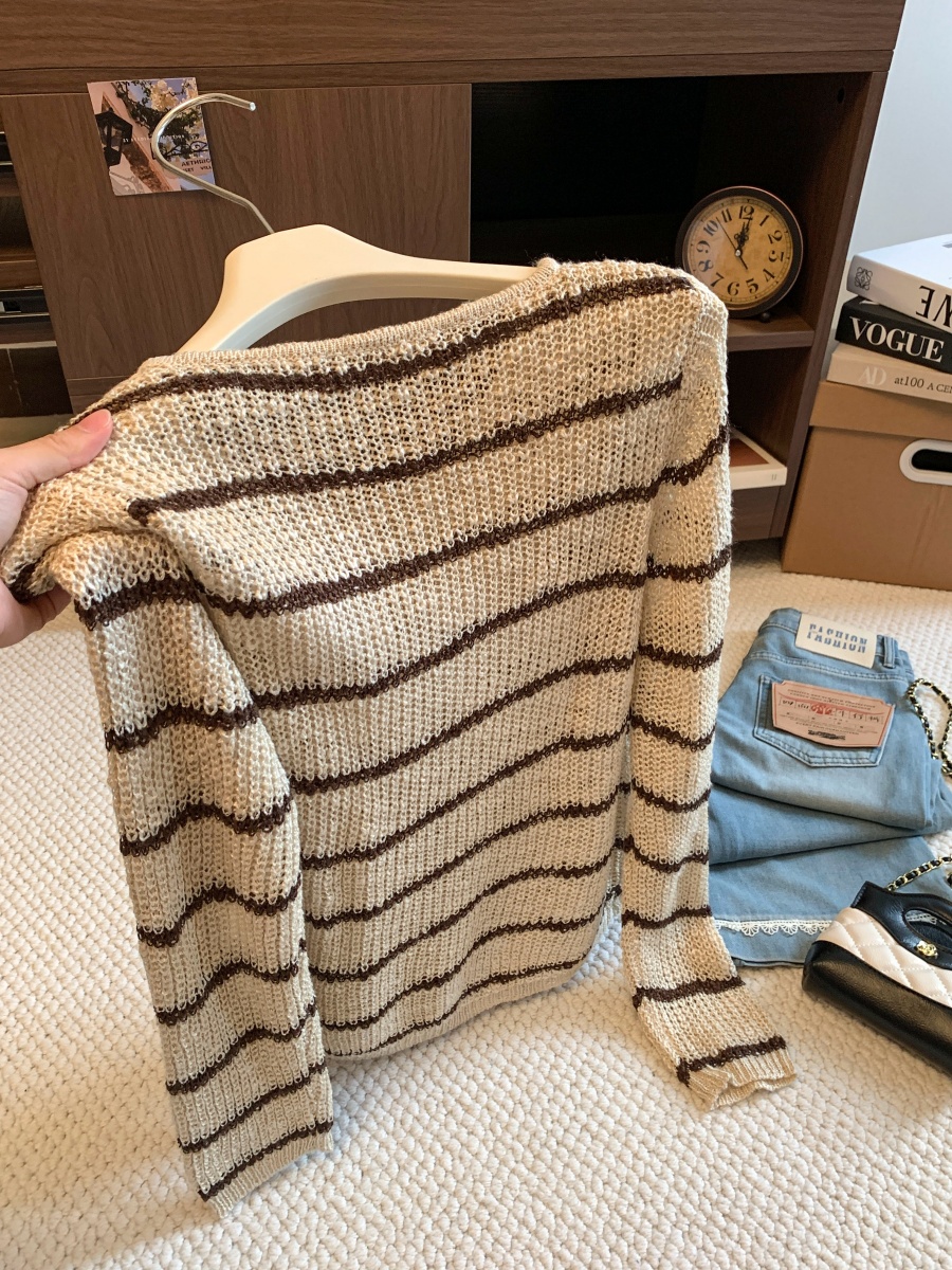 Women's Striped Knit Cardigan French Lazy Style Round Neck Button Layering Top 2026 Fall - Image 4
