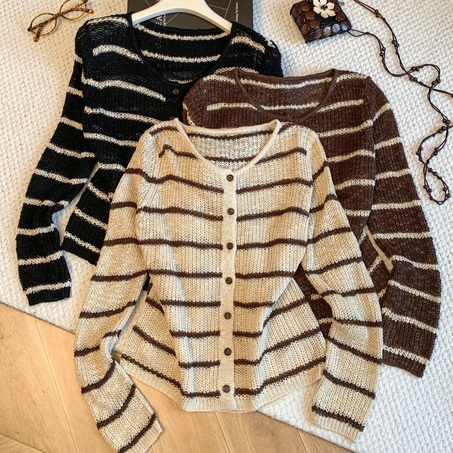 Women's Striped Knit Cardigan French Lazy Style Round Neck Button Layering Top 2026 Fall - Image 5