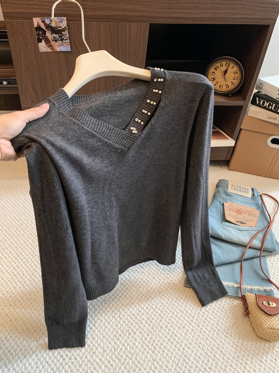 Women's V-Neck Knit Sweater 2026 Fall Loose Relaxed Pullover Top - Image 2